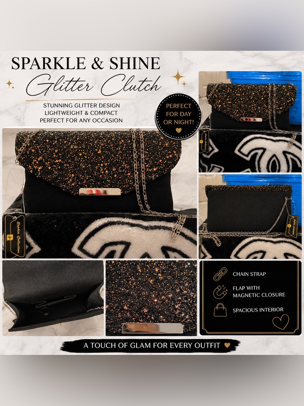 Sparkle & Shine Glitter Clutch - Black with Gold Glitter